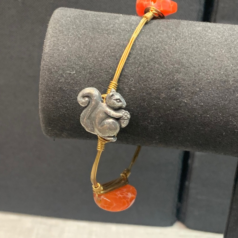 Handmade Squirrel Acorn Wire Wrapped Bangle Orange Fire Agate Stones 8.5in